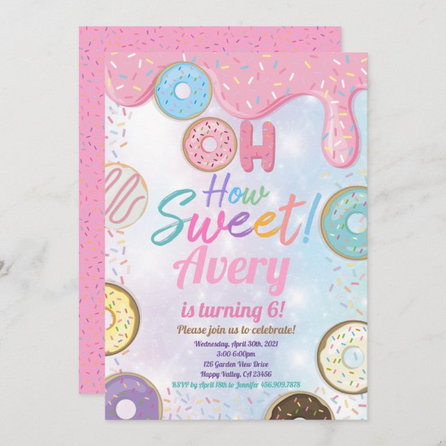 Doughnut Sweet Birthday Party Pink Pastel Girl  Invitation (Front/Back)