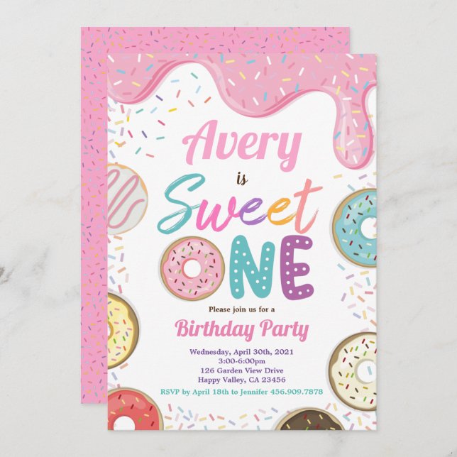 Doughnut Sweet One 1st Birthday Party Pink Pastel Invitation (Front/Back)