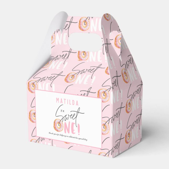 Doughnut sweet one pink 1st birthday party favour box (Front Side)