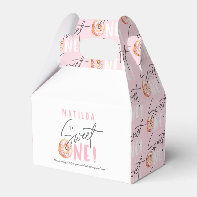 Doughnut sweet one pink 1st birthday party favour box (Front Side)