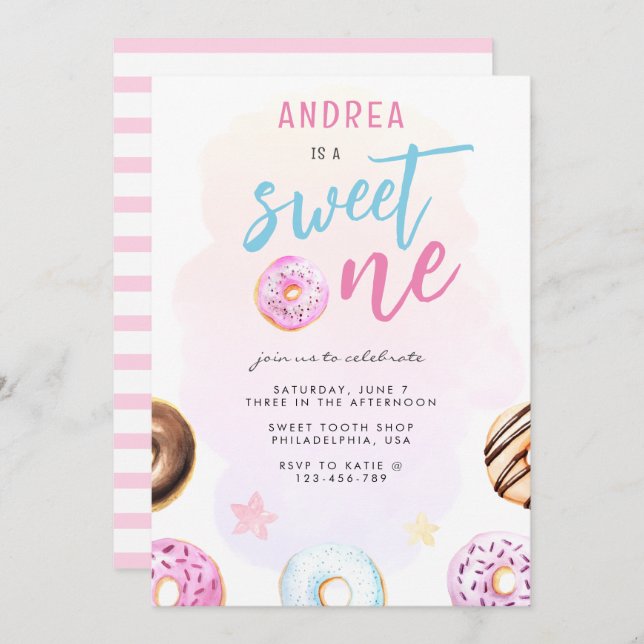 Doughnut Sweet One Pink and Blue Girl First Birthd Invitation (Front/Back)