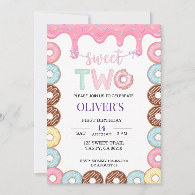 Doughnut Sweet Two 2nd Birthday Party Invitation (Front)
