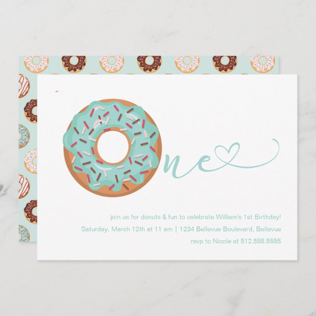 Doughnut Teal Blue & Sprinkles 1st Birthday Invitation (Front/Back)