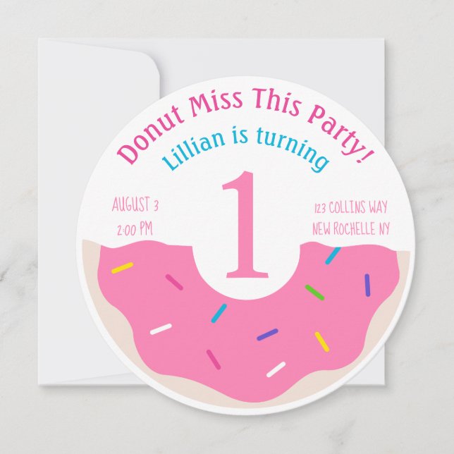 Doughnut themed First1st birthday party invitation (Front)