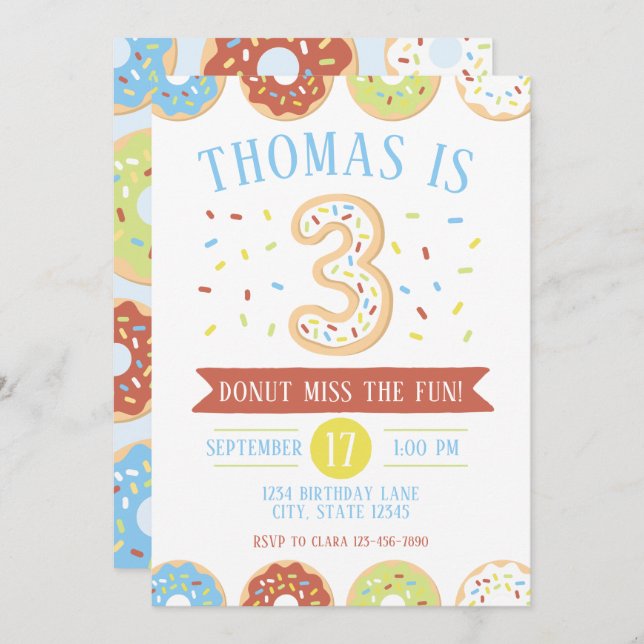 Doughnut Third Birthday Invitation (Front/Back)