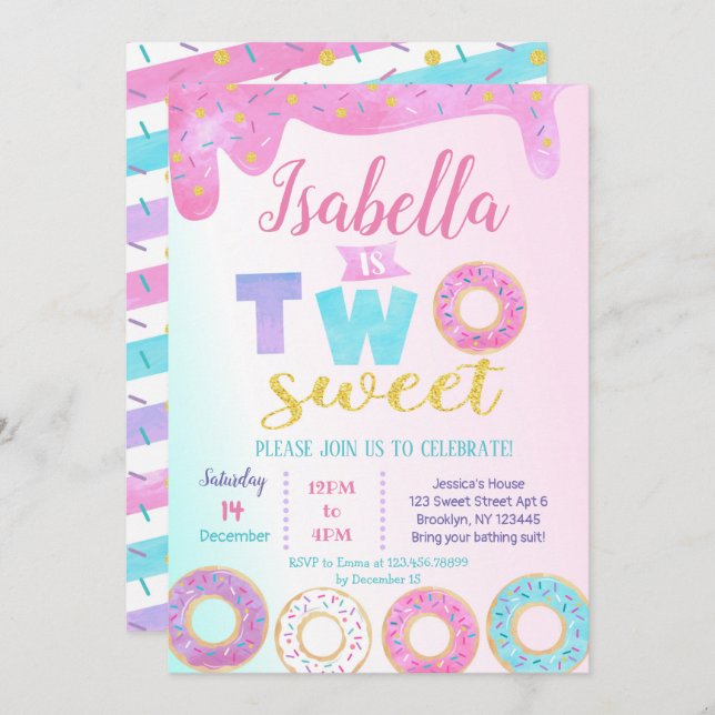 Doughnut Two Sweet 2nd Birthday Invitations Doughn (Front/Back)