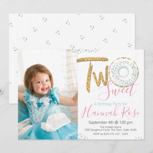 Doughnut Two Sweet 2nd Birthday Party Photo Invitation (Front/Back)