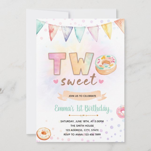 Doughnut TWO sweet birthday invitation (Front)