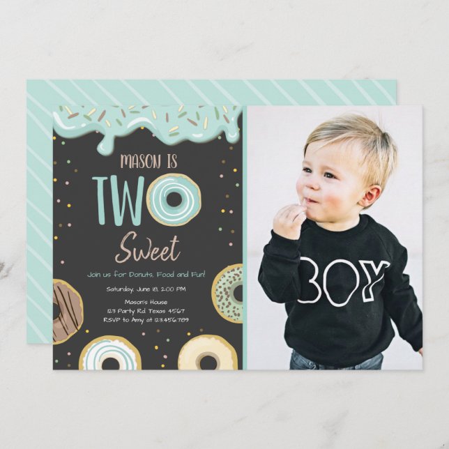 Doughnut Two Sweet Blue Pastel Second Birthday Par Invitation (Front/Back)