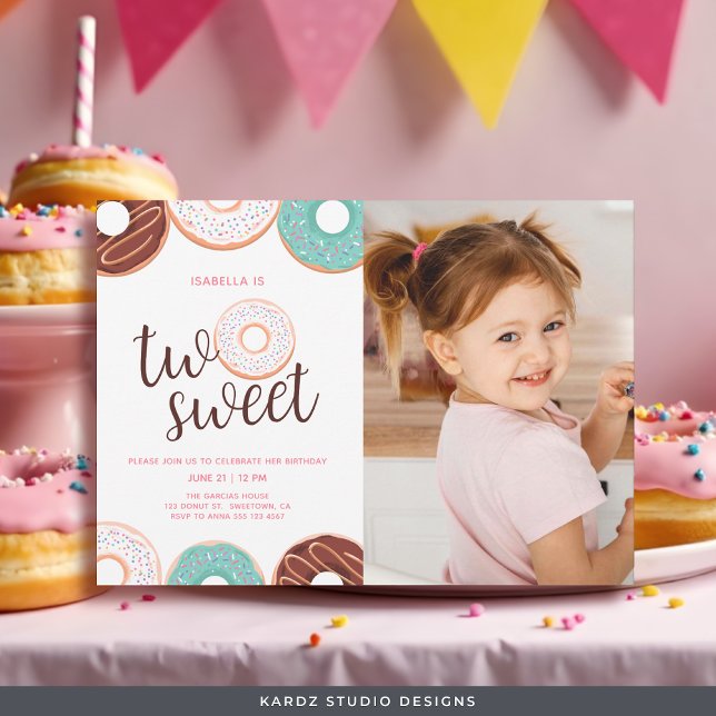 Doughnut Two Sweet Girl 2nd Birthday Invitation (Invite shown in 5 x 7 in. with square corners, personalize and choose style and paper before buying.)