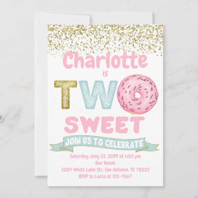 Doughnut Two Sweet Gold Sprinkles 2nd Birthday Invitation (Front)