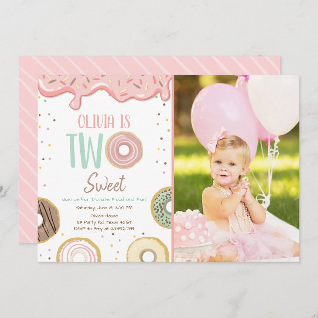 Doughnut Two Sweet Pink Doughnut Girl Birthday Par Invitation (Front/Back)