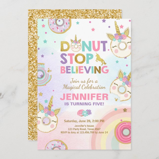 Doughnut Unicorn Birthday Invitation Pink Gold Gir (Front/Back)
