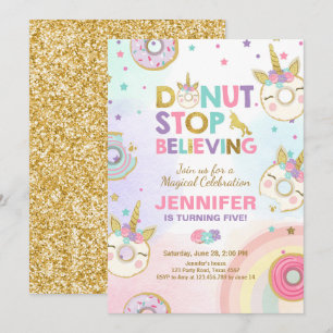 Doughnut Unicorn Birthday Invitation Pink Gold Gir