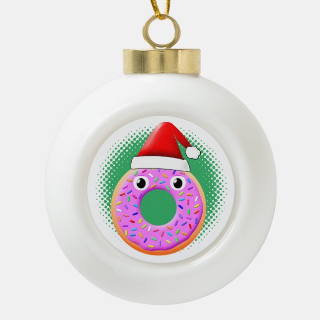Doughnut With Eyes And Sprinkles Santas Hat Drawin Ceramic Ball Christmas Ornament (Front)