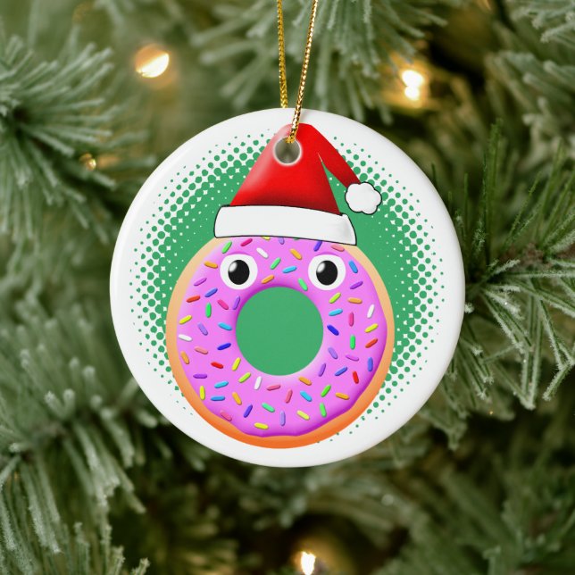 Doughnut With Eyes And Sprinkles Santas Hat Drawin Ceramic Ornament (Tree)