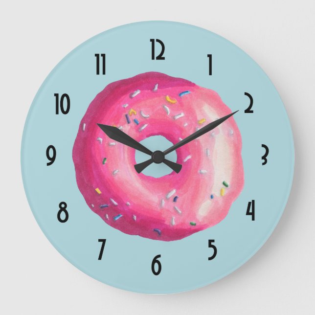 Doughnut With Pink Frosting And Sprinkles Large Clock (Front)