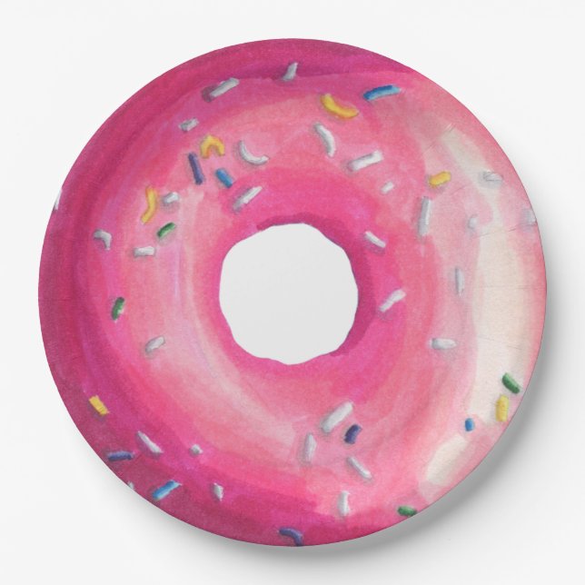Doughnut With Pink Frosting And Sprinkles Paper Plate (Front)