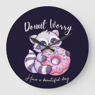 Doughnut Worry Cute Kawaii Racoon Large Clock