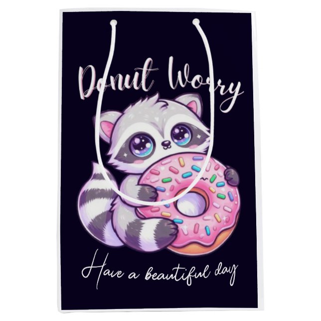 Doughnut Worry Cute Kawaii Racoon  Medium Gift Bag (Front)