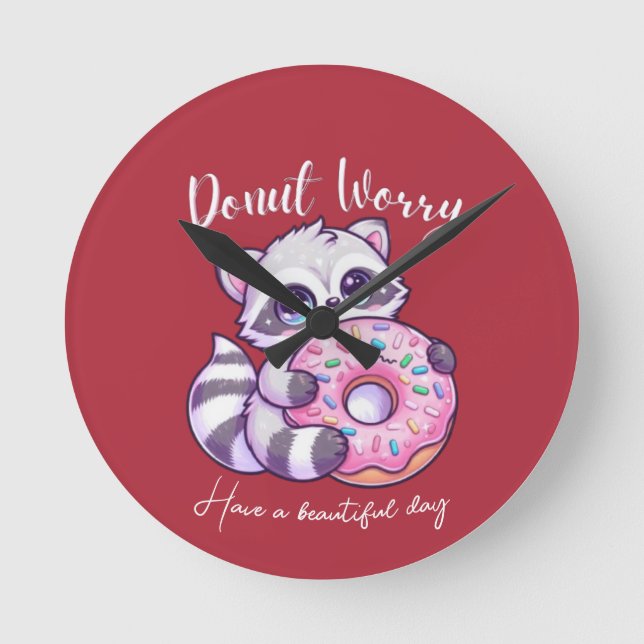 Doughnut Worry Cute Kawaii Racoon  Round Clock (Front)