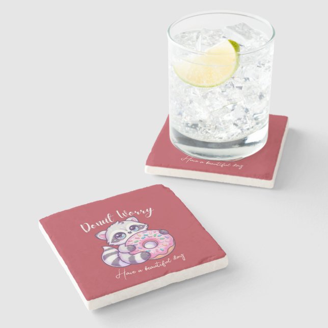 Doughnut Worry Cute Kawaii Racoon  Stone Coaster (Side)
