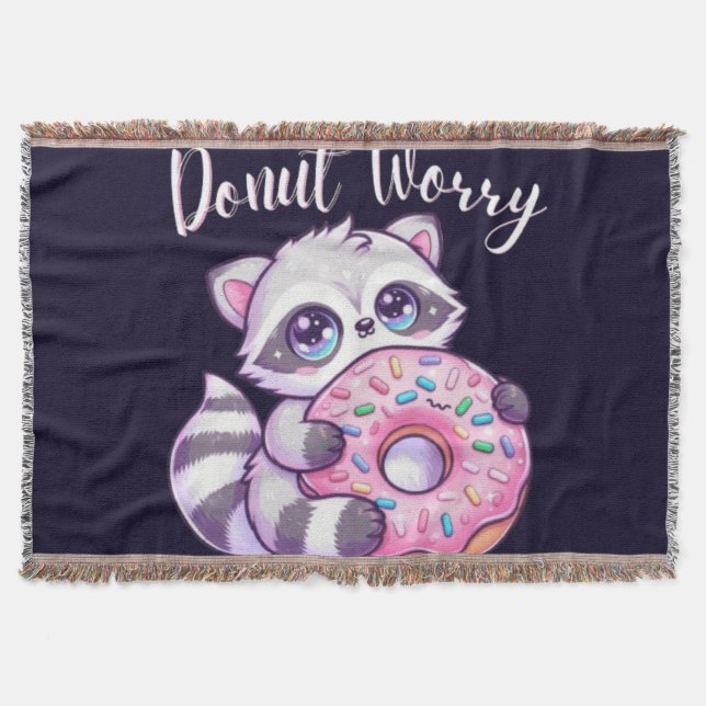 Doughnut Worry Cute Kawaii Racoon  Throw Blanket (Front)