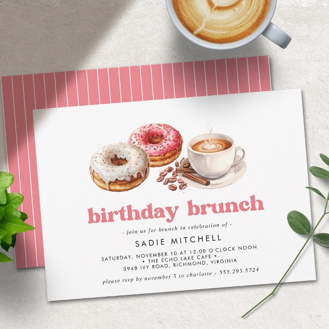 Doughnuts and Coffee | Cute Pink Birthday Brunch Invitation (Creator Uploaded)