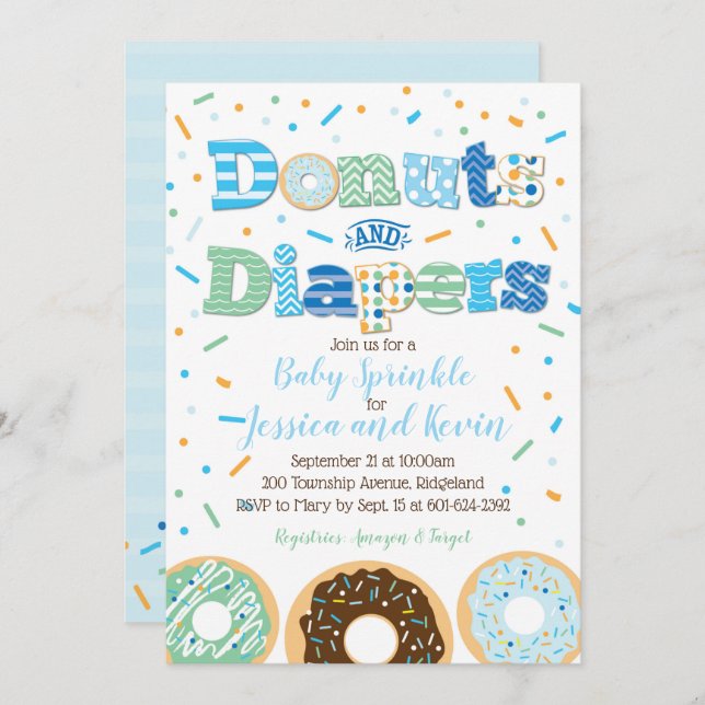 Doughnuts and Diapers Baby Boy Sprinkle or Shower Invitation (Front/Back)
