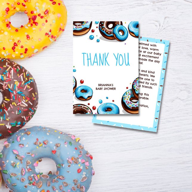 Doughnuts and diapers blue brown baby shower thank you card (Donuts and diapers blue brown donuts and sprinkles baby shower thank you cards)