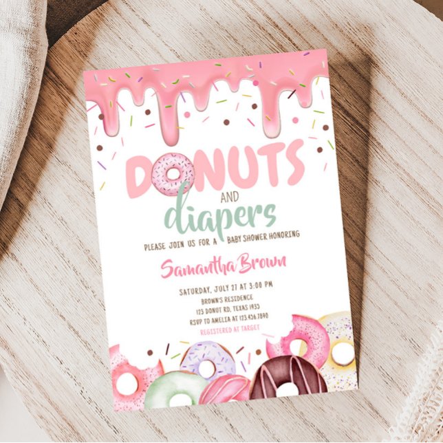 Doughnuts and Diapers Sprinkle Baby Shower  Invitation (Pink Donuts Girl Baby Shower Invitation)