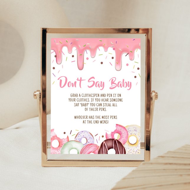 Doughnuts and Diapers Sprinkle Don't Say Baby Poster (Pink Donuts Girl Baby Shower Don't Say Baby Sign)
