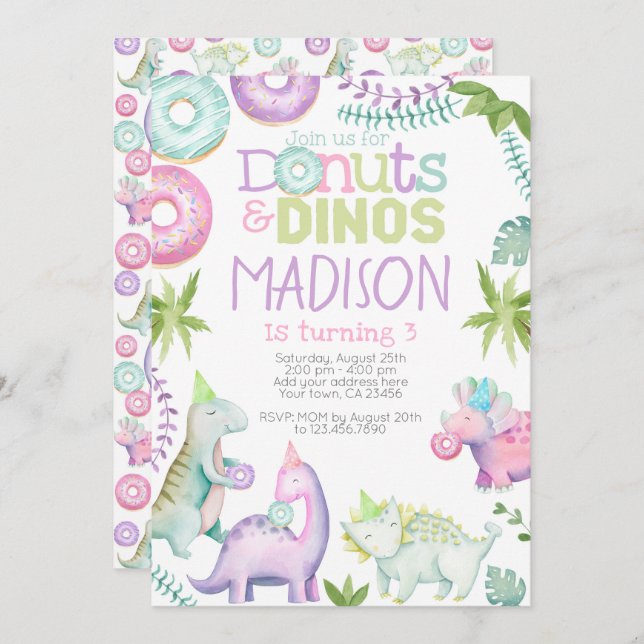 Doughnuts and Dinos Invitation (Pink & Lavender) (Front/Back)
