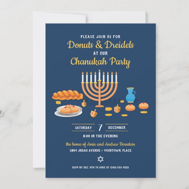 Doughnuts and Dreidels Hanukkah Holiday Party Invitation (Front)