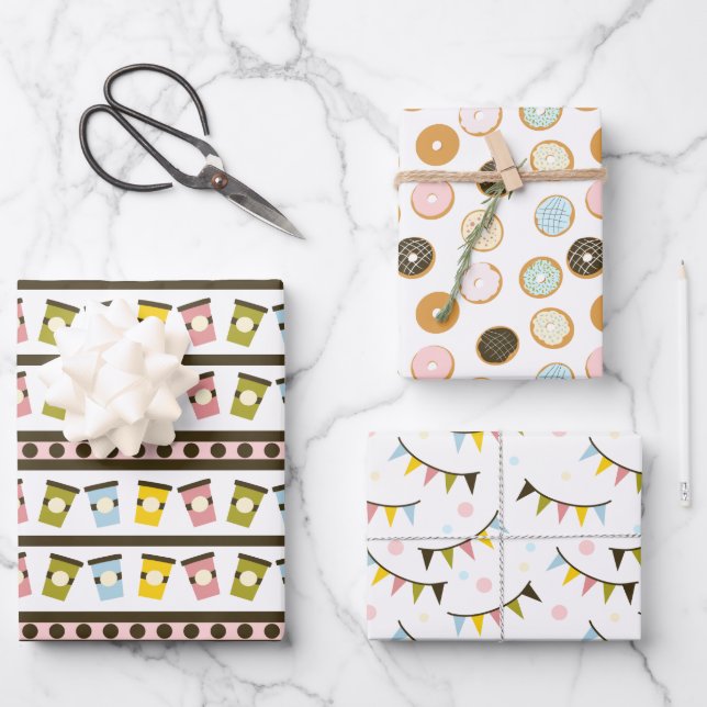 Doughnuts and Garlands Pastel Bakery Birthday Wrapping Paper Sheet (Front)