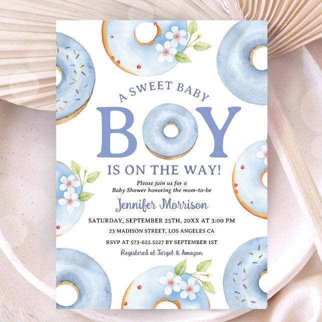 Doughnuts Baby Shower Boy Blue Gingham Invitation (Creator Uploaded)