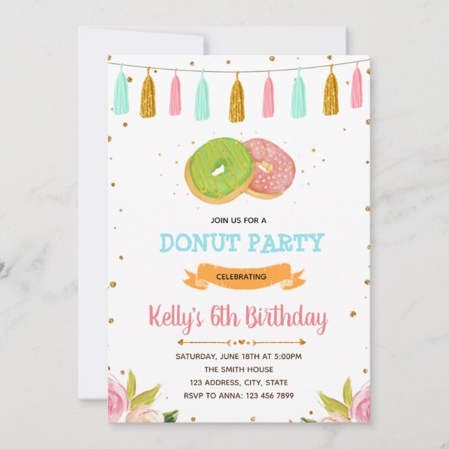 Doughnuts birthday party invitation (Front)