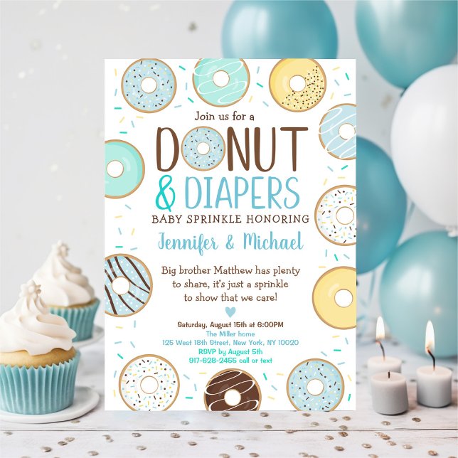 Doughnuts & Diapers Blue Doughnut Baby Sprinkle Invitation (Creator Uploaded)