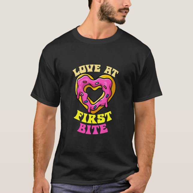 Doughnuts Love At First Bite Doughnut Heart Shaped T-Shirt (Front)