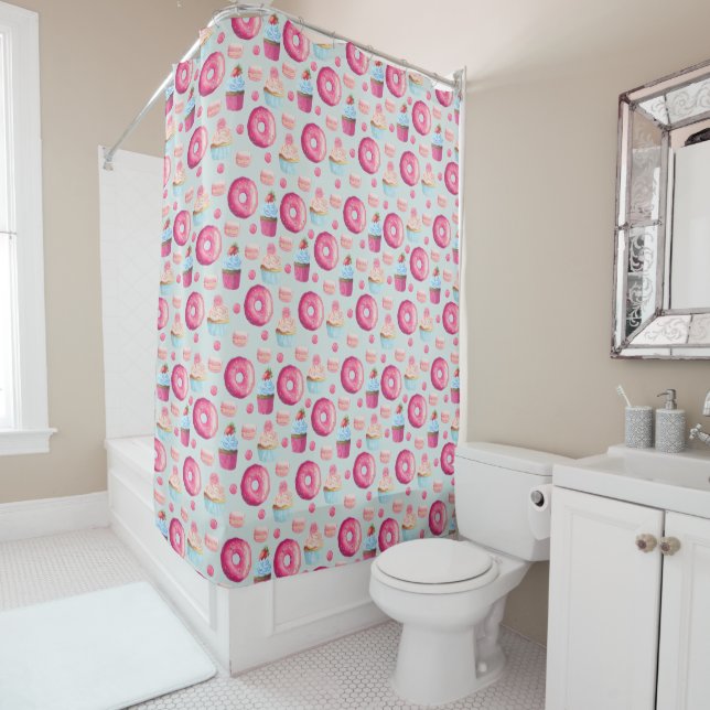 Doughnuts Macarons And Cupcake Pattern In Watercol Shower Curtain (In Situ)