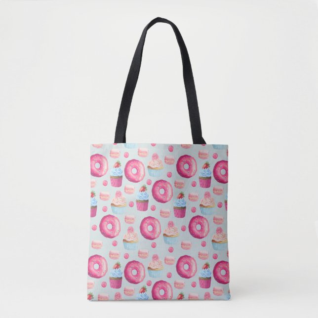 Doughnuts Macarons And Cupcake Pattern In Watercol Tote Bag (Front)
