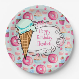 Doughnuts Macarons Cupcake Ice Cream Custom Birthd Paper Plate