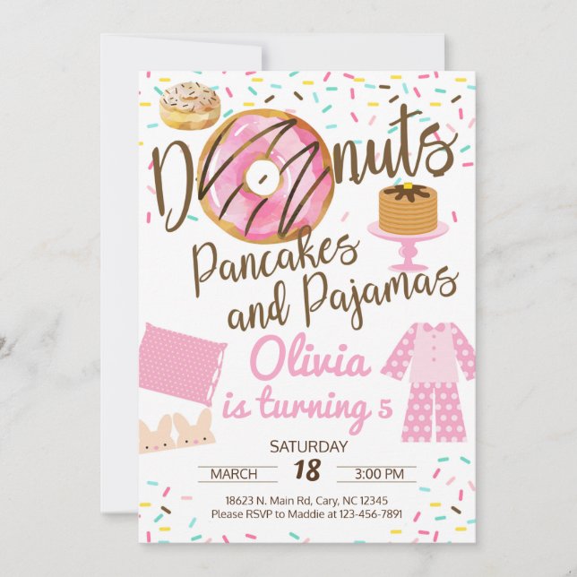 Doughnuts, pancake and pyjamas, sleepover invitati invitation (Front)