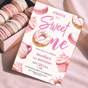 Doughnuts Pink Girl Sweet One 1st Birthday Party Invitation