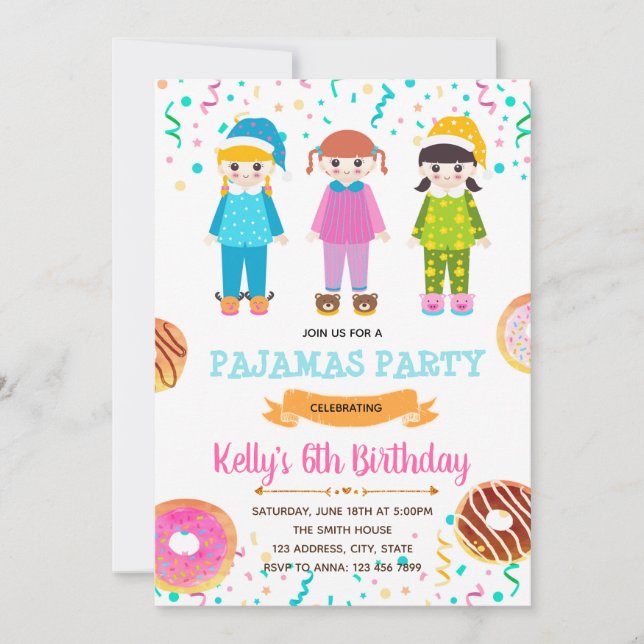 Doughnuts pyjamas birthday party invitation (Front)