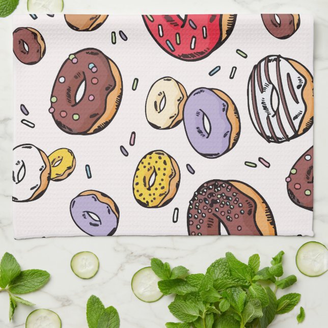 Doughnuts seamless pattern tea towel (Folded)