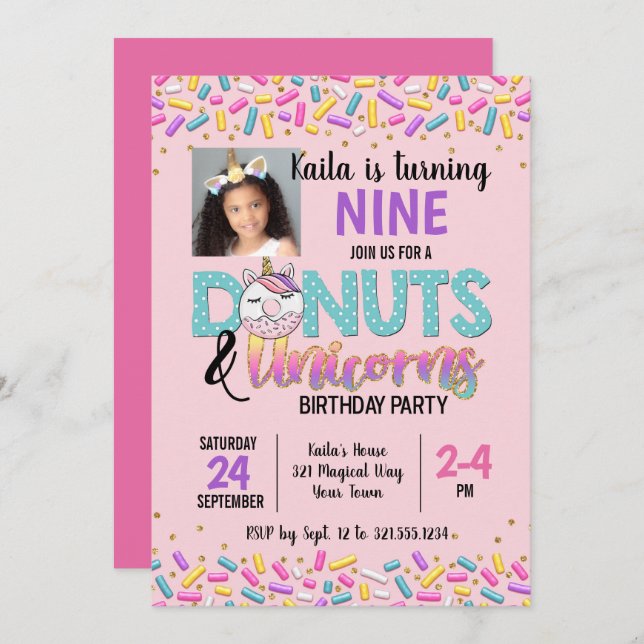 Doughnuts & Unicorns Themed Birthday Party Invitat Invitation (Front/Back)