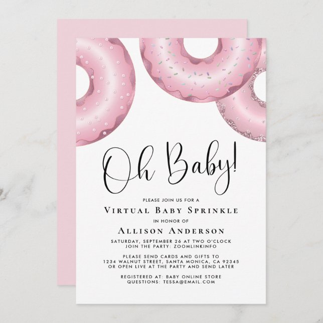 Doughnuts Virtual Baby Sprinkle Pink Invitation (Front/Back)