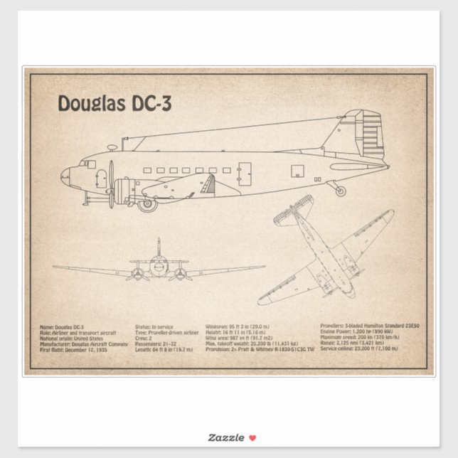 Douglas DC-3 - Aeroplane Blueprint Drawing Plans S (Sheet)