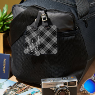 Douglas tartan black grey plaid luggage tag